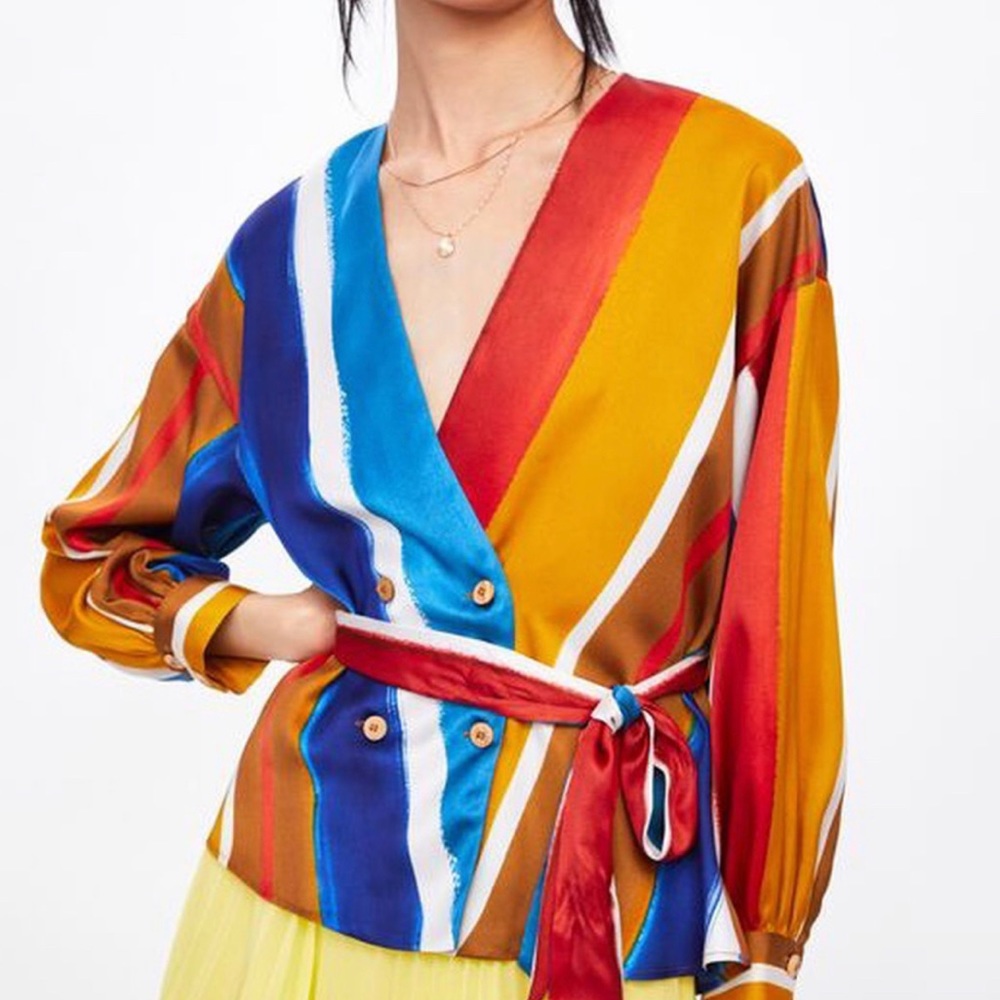 ZARA Striped Belted Deep V Blouse Medium
